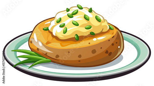 A perfectly baked potato sits steaming on a plate, topped with a dollop of sour cream and finely chopped green onions, all presented on a clean white background.