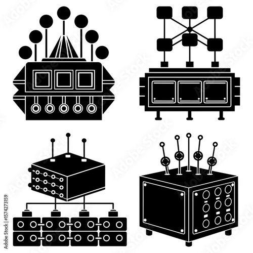 Illustration of four black and white retro style control panels with various switches and knobs present