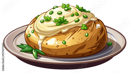 A perfectly baked potato sits steaming on a plate, topped with a dollop of sour cream and finely chopped green onions, all presented on a clean white background.