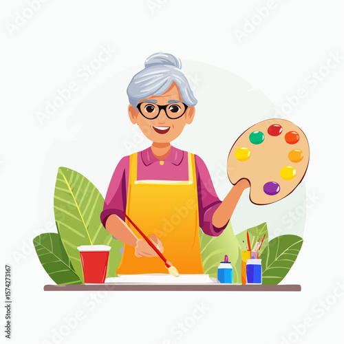 Senior learning to paint for the first time, bright simple vector illustration celebrating s (7)