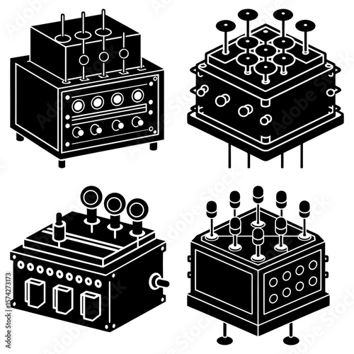 Four different control panels with knobs and switches in black and white illustration style design