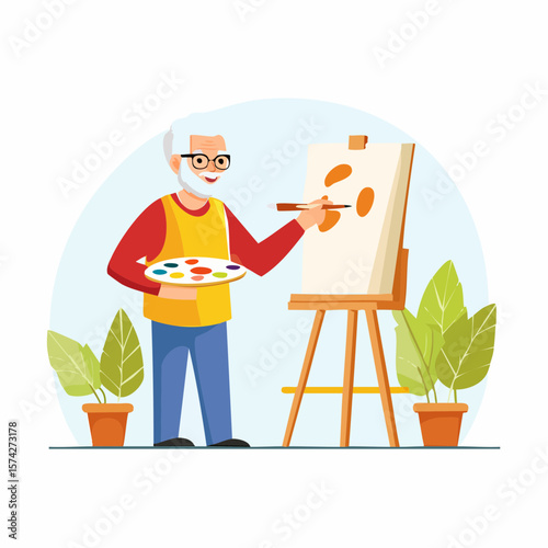 Senior learning to paint for the first time, bright simple vector illustration celebrating s (7)