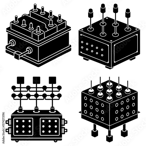 Isometric view of four industrial control boxes with various configurations and interface elements shown