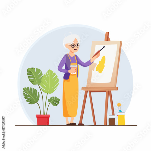 Senior learning to paint for the first time, bright simple vector illustration celebrating s (7)