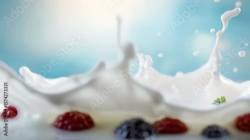 Berries creating dynamic splashes in a fresh pool of milk.