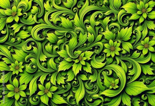 Intricate, swirling green floral pattern, abstract botanical design, vivid, contemporary