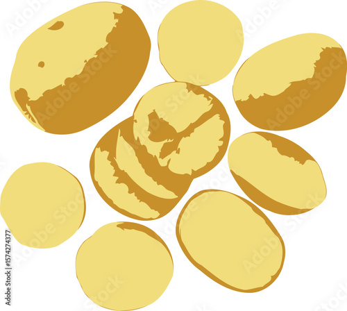 Yellow potatoes sliced and whole on black background studio shot silhouette