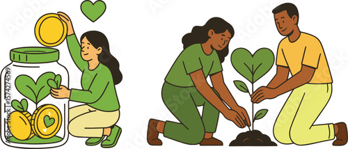 Ecology Concept Vector Illustration. People Planting and Saving for the Future.