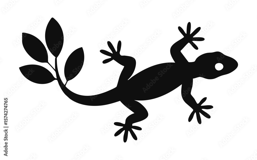 Naklejka premium Silhouette lizard with leaves tail vector illustration reptile gecko animal design nature wildlife drawing art 100
