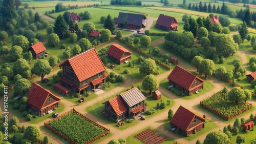A vibrant rural settlement with lush greenery and charming houses set in a picturesque landscape