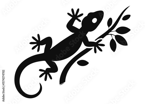 Black gecko climbing on a branch vector illustration reptile silhouette lizard animal design nature wildlife 100