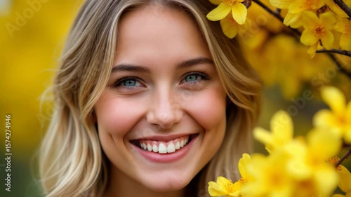 Smiling woman in a garden filled with vibrant yellow flowers enjoying a sunny day outdoors in spring