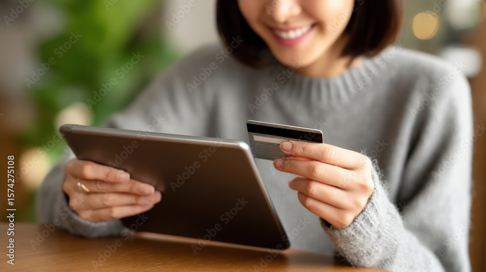 Close-up of young adult smiling while shopping online with digital tablet, credit card ready.. Close-up of young adult smiling while shopping online with digital tablet, credit card ready..