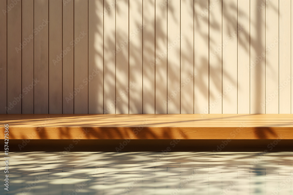 Obraz premium Tranquil Wooden Deck Beside Pool with Tree Shadows Modern Minimal