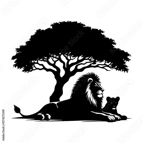 Majestic lion and cub resting under a silhouette tree