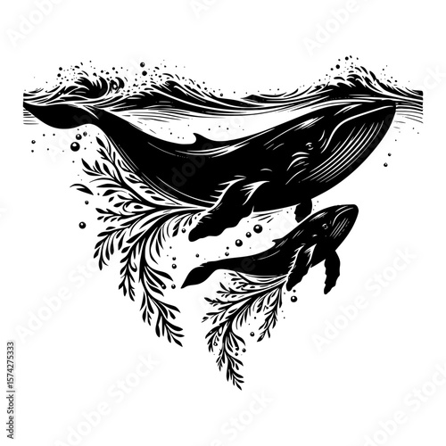 Majestic black and white whales swim gracefully with floral embellishments