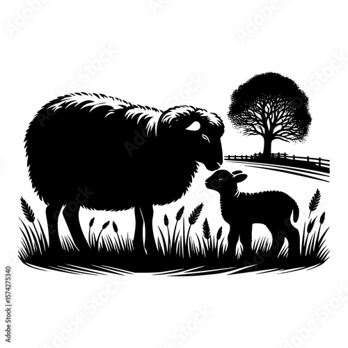 Mother sheep nuzzles lamb in field with tree and fence silhouette