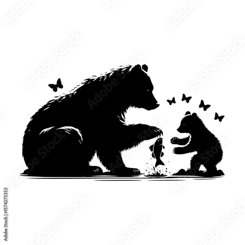 Bear and cub fishing together with butterflies fluttering around