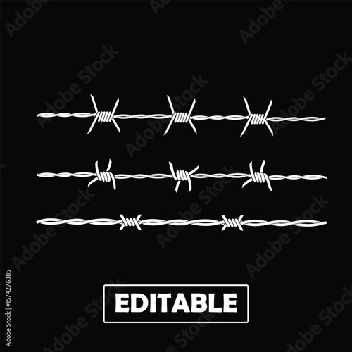 Barbed Wire Vector Set – Sharp Fence Elements on Black Background