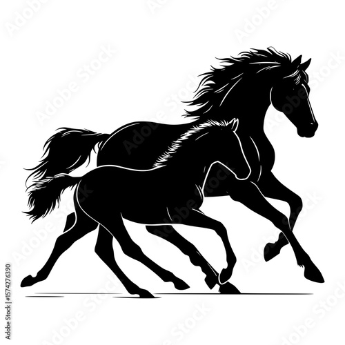 Majestic black mare and foal galloping together in a stylized illustration