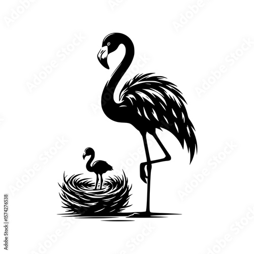 Elegant silhouette of a flamingo and chick in a nest