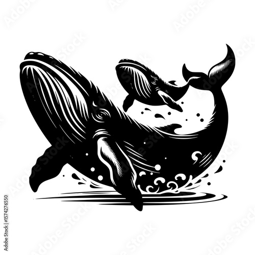 Majestic mother and calf whale breach in stylized black and white art