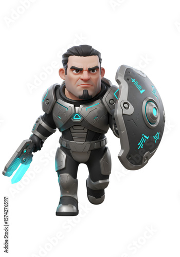 A futuristic male character in advanced, gray and black armor, holding a glowing weapon and shield. Action pose against a white background.