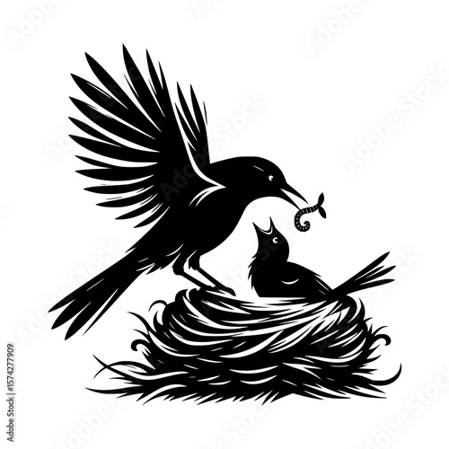 Parent bird feeding a worm to a hungry baby bird in a nest