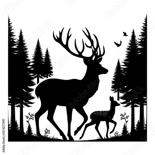 Majestic stag and fawn silhouette in a pine forest with birds