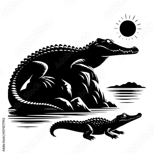 Two black alligators silhouetted against a bright sun and water