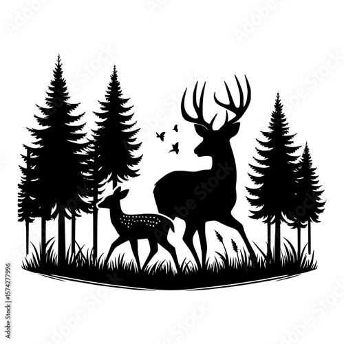 Majestic stag and fawn silhouette in a pine forest with flying birds