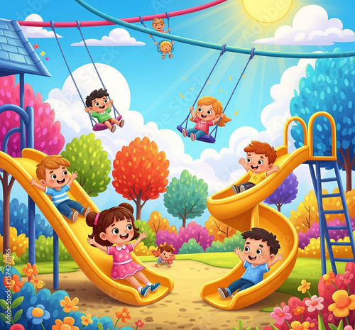 Cheerful children playing on playground equipment, enjoying sunny day outdoors.