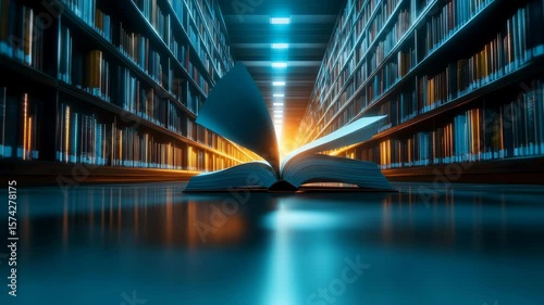 An Open Book Radiates Light in a Vast Library.
