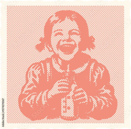  Vibrant color engraving postal stamp halftone vector of pink child laughing joy milk happy playful innocence cute young bright cheerful smiling baby refreshment drink dairy childhood fun energy