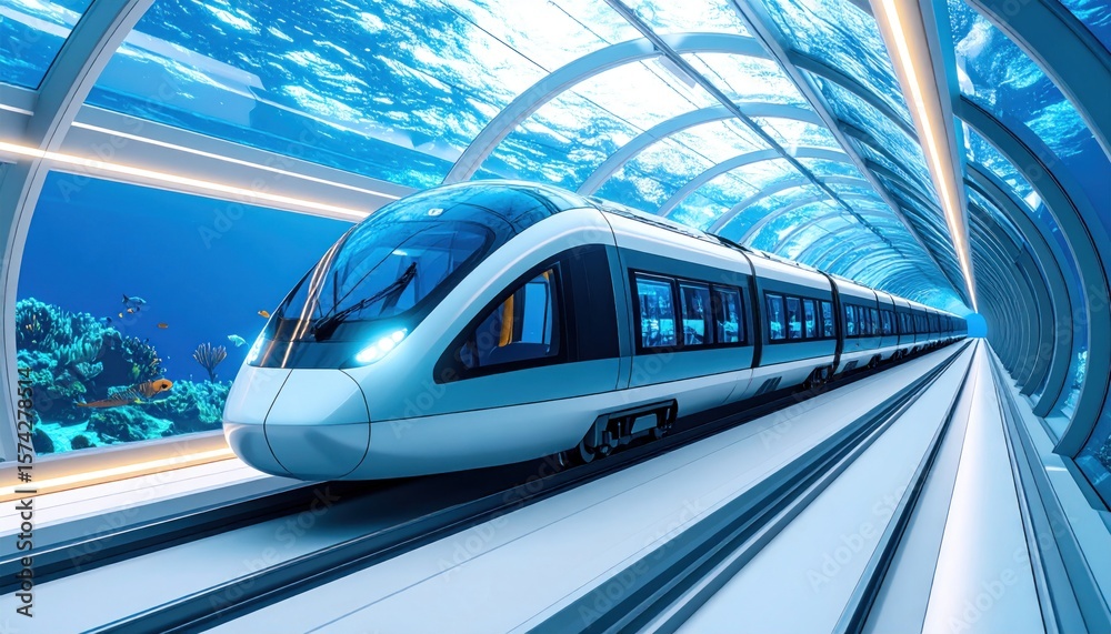 Fototapeta premium Underwater Train Tunnel: Futuristic Transport Through a Coral Reef Aquarium