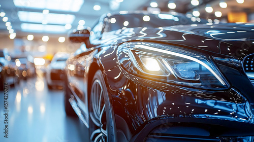Cropped image of new car in dealer's showroom. Detail of luxury car for lease in rent office. Car sales business