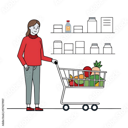 Happy Woman Grocery Shopping with Full Cart of Fresh Produce and Essentials