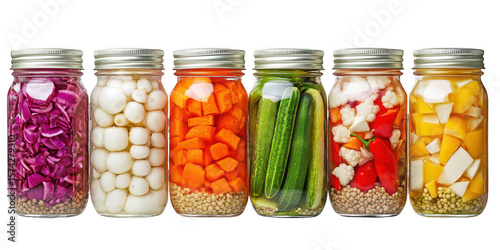 Pickled assorted vegetables in jars on transparent png background