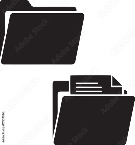 Folders and Documents Icon: Simple black folder icons, one open revealing a document, ideal for representing storage, organization, or data management.