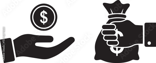 Financial Transaction Icons:  A pair of simple, bold black icons depicting a hand receiving a single coin and a hand holding a money bag, representing financial transactions, investment, and wealth.