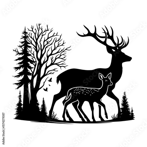 Majestic stag and fawn silhouette in a forest scene