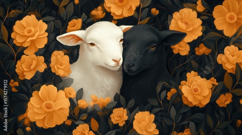 Serene contrast of a white lamb and a black lamb among blooming flowers in a dark botanical garden