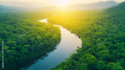 An aerial view captures the vast, winding Amazon River as it flows through dense rainforest, illuminated by the warm, vibrant colors of a sunset.