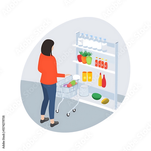 Woman with Shopping Cart in Store Aisle, Buying Groceries and Home Essentials