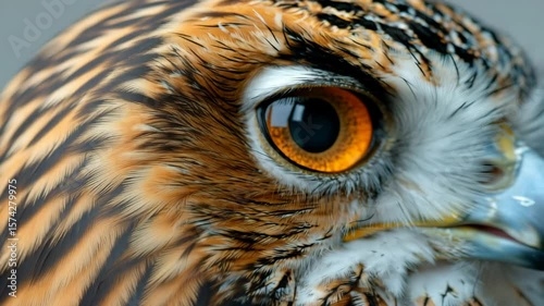 A detailed close-up shot of an owl's intense orange eye and patterned feathers, showcasing its sharp vision and intricate plumage.