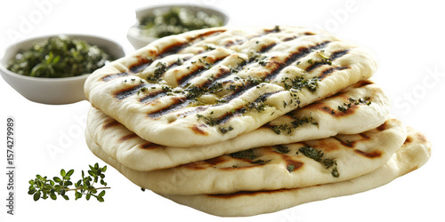Stacked flatbread with herbs and dip on transparent png background