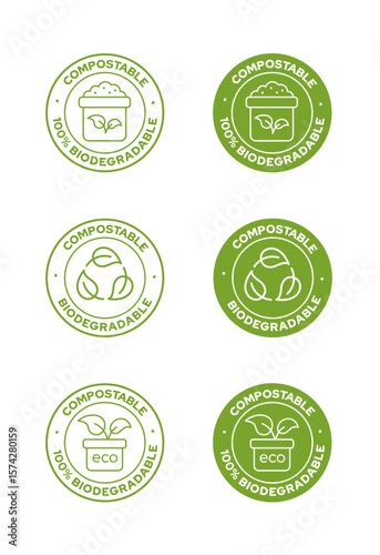 Biodegradable round stamp for sustainable products. Set of six different green labels for eco friendly certification.