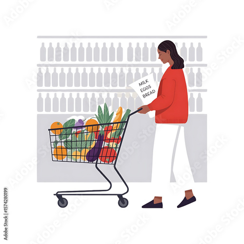  Woman with Grocery List and Full Cart Shopping for Healthy Food