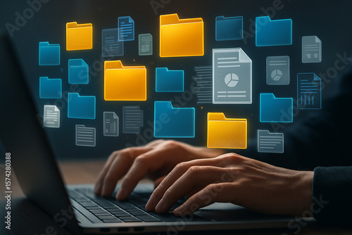 Data management and organization with digital file folders on a laptop for efficient workflow 100