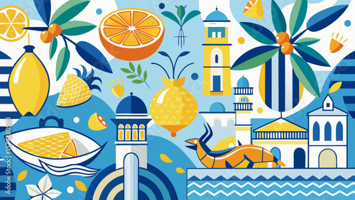 Italian Mediterranean Amalfi coast vector print – scenic seaside village with lemons, ocean view, historic architecture, and vibrant summer holiday vibes